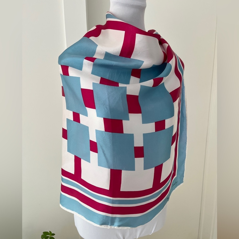 VINTAGE Janine Signed Acetate Square Scarf Made Japan Geometric Pattern Artsy